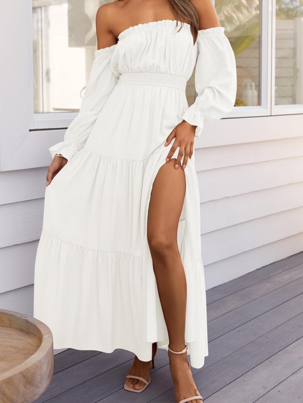 Off-Shoulder White Maxi Dress with Side Slit